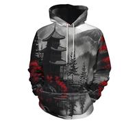 LODMLOER Felpa con Cappuccio da Uomo, Pullover Unisex a Maniche Lunghe con Padiglione Antico Tradizionale 3D Coulisse Pullover Architettura Giapponese Sweatshirt con Tasca S-6XL