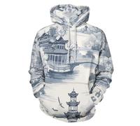 LODMLOER Felpa con Cappuccio da Uomo, Pullover Unisex a Maniche Lunghe con Paesaggio da Giardino Tradizionale 3D Coulisse Pullover Architettura del Giardino Cinese Sweatshirt con Tasca S-6XL