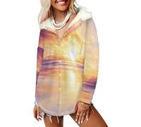 LODMLOER Felpa con Cappuccio in Pile Sherpa Tramonto Sull'Acqua Pullover Donna Peluche Medio-Lungo Pittura A Olio Astratta Giacca Manica Lunga con Tasche per Autunno Invernale, Azzurro Chiaro