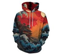 LODMLOER Felpa con Cappuccio Stampato di 3D Architettura Giapponese con Onde Hoodies Pullover per Ragazzi e Uomo Stile Ukiyo-E Sweatshirt a Maniche Lunghe con Coulisse Tasca