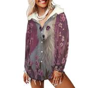 LODMLOER Felpa Donna con Cappuccio Foderati Bellissima Volpe Bianca Cappotto Invernale in Pile Fiori di Ciliegio da Sogno Giacca con Cappuccio in Sherpa con Tasche, Arrossire