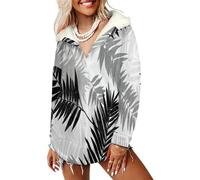 LODMLOER Felpa Donna con Cappuccio Invernale Foglie di Palma Bianche E Nere Giacca Felpe Foderata in Pile Piante Tropicali Hoodie Sweatshirt Calda Maniche Lunghe Casual con Tasche, Grigio