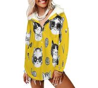 LODMLOER Felpa Donna con Cappuccio Invernale Gatto con Le Cuffie Giacca Felpe Foderata in Pile Animali Fantastici Hoodie Sweatshirt Calda Maniche Lunghe Casual con Tasche, Giallo