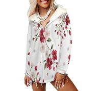 LODMLOER Felpa Donna in Pile Sherpa con Cappuccio Fiori Ad Acquerello Cappotto Peluche a Manica Lunga Sweatshirt Stile Pastorale Pullover Caldo Ampia Casual Giacche con Tasca, Rosso
