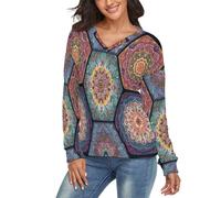 LODMLOER Felpa Donna Maglione Natalizio Mandala Esagonale Sweatshirt Manica Lunga Pullover Top Invernale Scollo A V Regalo Divertente per Donna, Blu Scuro