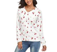 LODMLOER Maglione da Donna con Scollo a V Piccola Ciliegia Pullover a Maniche Lunghe Felpa Lavorato a Maglia Tunica Calda per Autunno E Inverno, Rosso E Bianco