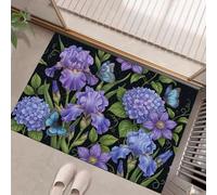 LODMLOER Tappeto da ingresso lavabile,Viola Verde,50 x 80 cm,Piante Realistiche, zerbino per interni, antiscivolo, morbido,Iri Ortensia, cucina, ingresso, camera