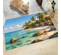 LODMLOER Tappeto Tropicale Maree lavabile per interni,Spiaggia Casa In Legno, Tappeti da bagno antiscivolo,Blu Verde 40 x 60 cm, per camera da letto, bagno, cucina