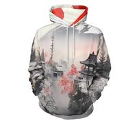 LODMLOER Unisex Felpe con Cappuccio Case Tradizionali con Fiori di Ciliegio 3D Hoodies Pullover a Maniche Lunghe Architettura Giapponese Sportivo Top Casual Streetwear con Tasche