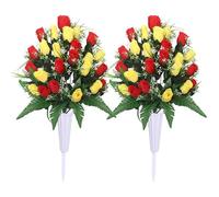 Lodou, Fiori artificiali per cimitero, decorazioni per tombe all'aperto, bouquet con vaso da cimitero, fiori di seta per ricordi duraturi (rosso giallo)
