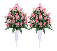 Lodou Fiori artificiali per cimitero, decorazioni per tombe, bouquet con vaso da cimitero, fiori di seta per ricordare a lungo (rosa)