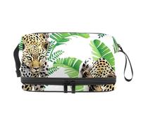 Loepard Walking in The Tropical Leaves Jungle - Trousse a doppio strato, per donne e ragazze, trousse da viaggio per trucchi, pratica borsa organizer con scomparto per pennelli, Multi, 27x15x14