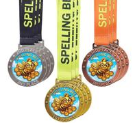 Loetere Medaglia premio trofeo per 1°, 2° e 3° posto, con nastro, grande, oro, argento, bronzo, per tornei, giochi sul campo e famiglia (6 pezzi, api ortografiche)