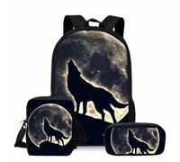 Löwe Wolf - Set di 3 zaini per la scuola, zaino con borsa per il pranzo, borsa per matite, zaino per bambini, S15, 36x30x13cm