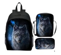 Löwe Wolf - Set di 3 zaini per la scuola, zaino con borsa per il pranzo, borsa per matite, zaino per bambini, S16, 36x30x13cm
