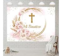 Lofaris Mi Bautizo Fondale God Bless Cerimonia Boho Floreale Pampa Erba Anello Oro Prima Comunione Glitter Dorato Battesimo Fotografia Sfondo Decorazione Feste Banner Photo Booth Prop 2,7 x 1,8 m