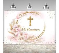 Lofaris Mi Bautizo Fondale God Bless Cerimonia Boho Floreale Pampa Erba Anello Oro Prima Comunione Glitter Dorato Battesimo Fotografia Sfondo Decorazione Feste Banner Photo Booth Prop 1,8 x 1,2 m