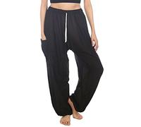 Lofbaz Donna Coulisse Harem Solido Boemo Hippie Raion Pantaloni Nero 3XL