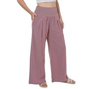 Lofbaz Donna Estate Cotone e Lino a Gamba Larga Fluttuante Pantaloni Palazzo Spiaggia a Vita Alta Boho Lunghi da Relax con Tasche Rosa Viola S