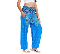 Lofbaz Donna Floreale Affumicato Vita Boho Harem Pantaloni Azzurro 4XL