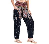 Lofbaz Donna Floreale Affumicato Vita Boho Harem Pantaloni Nero L