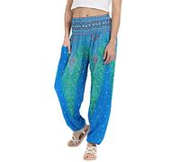 Lofbaz Donna Pavone Stampare Affumicato Vita Harem Boho Pantaloni Azzurro M