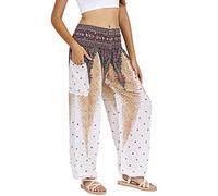 Lofbaz Donna Pavone Stampare Affumicato Vita Harem Boho Pantaloni Bianco S