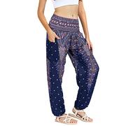 Lofbaz Donna Pavone Stampare Affumicato Vita Harem Boho Pantaloni Blu Scuro M