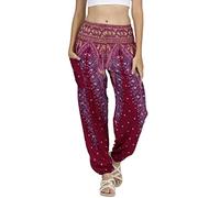 Lofbaz Donna Pavone Stampare Affumicato Vita Harem Boho Pantaloni Burgundy S