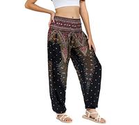 Lofbaz Donna Pavone Stampare Affumicato Vita Harem Boho Pantaloni Nero B 2XL