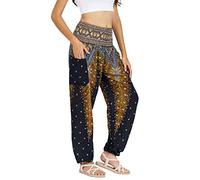 Lofbaz Donna Pavone Stampare Affumicato Vita Harem Boho Pantaloni Nero L