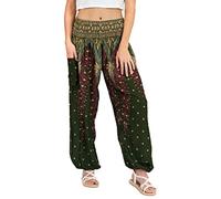 Lofbaz Donna Pavone Stampare Affumicato Vita Harem Boho Pantaloni Verde 4XL