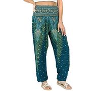 Lofbaz Donna Pavone Stampare Affumicato Vita Harem Boho Pantaloni Verdure Verde XL