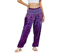 Lofbaz Donna Pavone Stampare Affumicato Vita Harem Boho Pantaloni Viola B XL