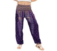 Lofbaz Donna Pavone Stampare Affumicato Vita Harem Boho Pantaloni Viola M