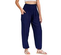 Lofbaz Donna Raion Stampare Affumicato Vita Boho Harem Pantaloni Solido Blu Scuro M