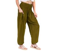 Lofbaz Donna Raion Stampare Affumicato Vita Boho Harem Pantaloni Solido Verde Scuro L