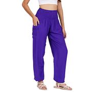 Lofbaz Donna Raion Stampare Affumicato Vita Boho Harem Pantaloni Solido Viola 3XL
