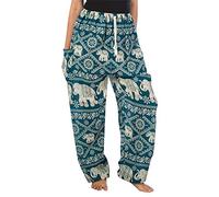 Lofbaz Donna Tailandese Elefanti Coulisse Harem Boho Pantaloni Teal Verde 2XL
