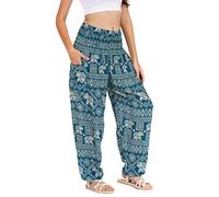 Lofbaz Women's Elephant 1 Smocked Waist Boho Harem Pants Teal Green L