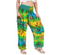 Lofbaz Women's Rayon Print Smocked Waist Boho Harem Pants Tie Dye Yellow & Green S