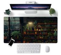 Lofi Cat Desk Mat Dark Green Plant Books Desk Pad Black Cat Aesthetic Anime Big Mouse Pad Large Gaming Mousepad XL Cool Keyboard Pad Deskmat Laptop Computer Mouse Mat 31.5X 15.7in