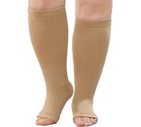 LOFIR Calze a Compressione per Uomo e Donna: Calze a Medico Compressione Graduata 20-30 mmHg Classe III Calze Elastiche Contenitivo Punta Aperta Polpaccio Spessi al Ginocchio Taglia Grande Beige 1Paia