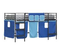 Loft Bed Frame for Kids with Black and Blue Curtains, Metal Twin Size House Bed with Study Play Area, Space-Saving High Sleeper with Guard Rail and Ladder, No Box 80x200 cm Mattress Compatible