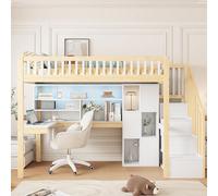 Loft Bed with LED Lights & Desk for Kids, 90 x 200 cm | High Sleeper Bed with Storage Ladder, Shelves, Drawers, Study Area, No Mattress, White & Natural