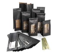 Logbuch-Verlag 100 sacchetti di carta color nero con fondo blocco finestra ed inserto in pellicola per alimenti spezie tè clip color oro per chiudere confezione regalo 8,5 x 5 x 26,5 cm