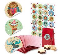 Logbuch-Verlag 24 sacchetti di carta color rosso lucido fondo inserto pergamena 7 x 4 x 20,5 cm + 24 adesivi rotondi 4 cm numeri 1-24 dolci animali invernali calendario dell’Avvento fai da te