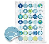 Logbuch-Verlag 35 etichette adesivi rotondi pesce ancora corona croce angelo cuore stella colomba albero blu azzurro verde battesimo comunione bambini fai da te bricolage