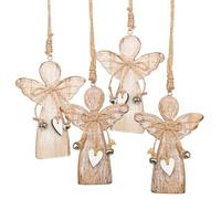 Logbuch-Verlag 4 angeli in legno da appendere a forma di angelo custode, con cuore, 10,5 cm, colore: marrone naturale