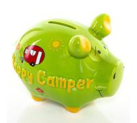 Logbuch-Verlag Salvadanaio a forma di maialino Happy Camper in ceramica, verde colorato, ideale come regalo per gli amanti del campeggio